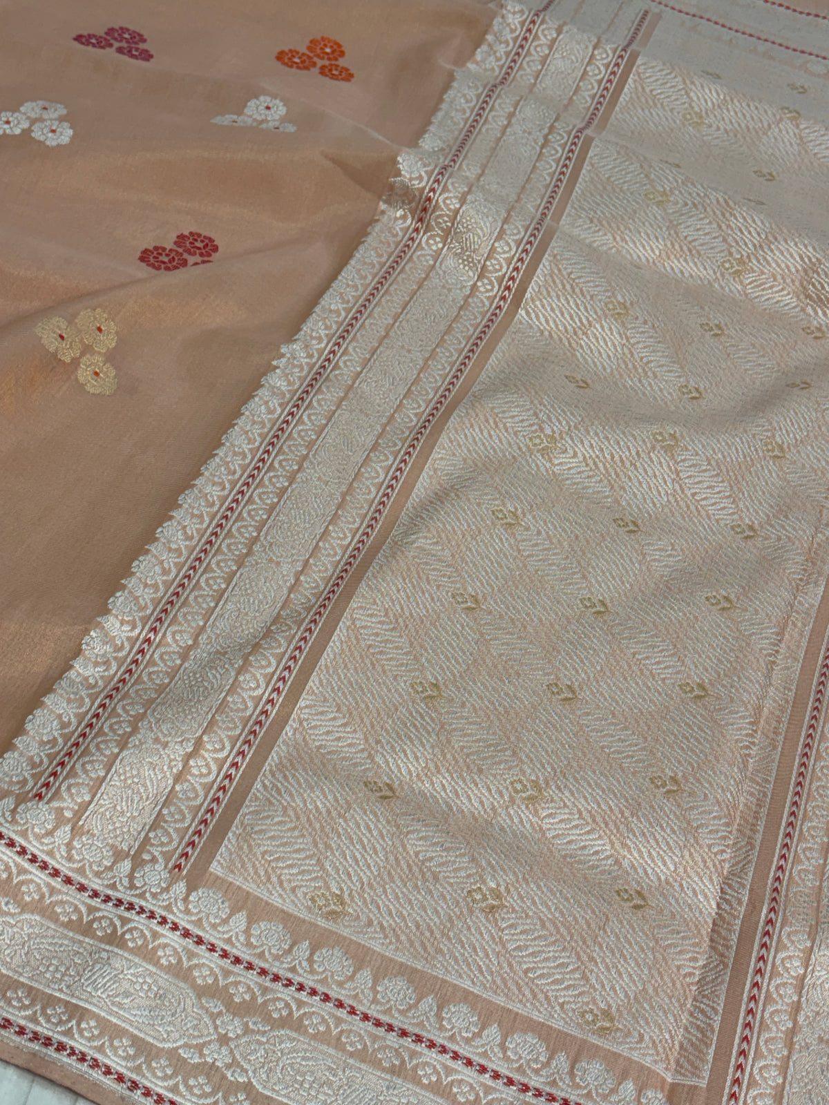 Peach Handwoven Pure Banarasi Kora Tissue Saree