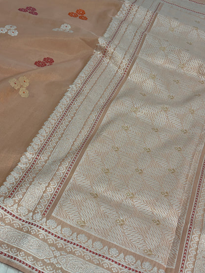 Peach Handwoven Pure Banarasi Kora Tissue Saree