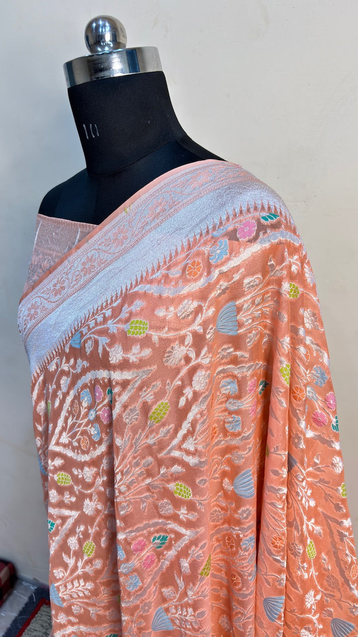 Peach Orange Banarasi Pure Chiffon Silk Saree