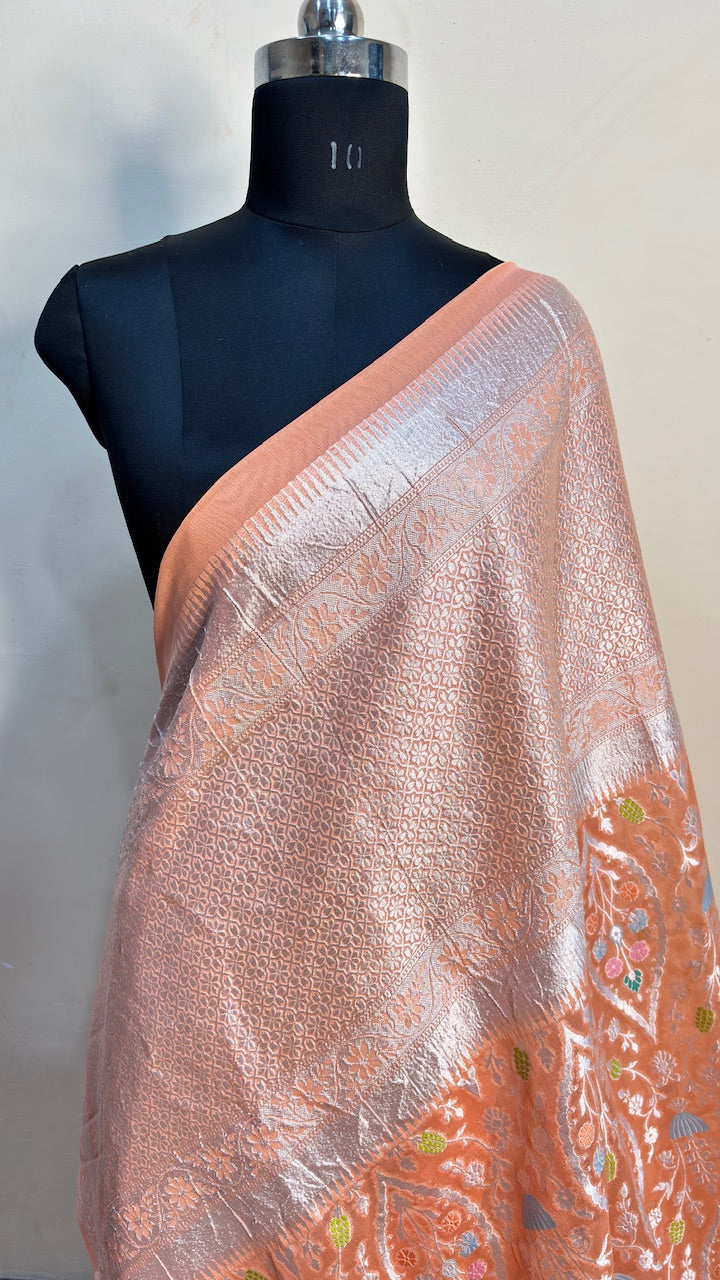 Peach Orange Banarasi Pure Chiffon Silk Saree