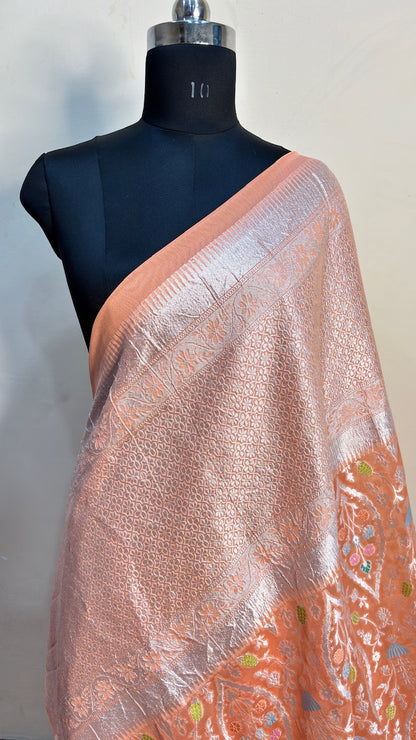 Peach Orange Banarasi Pure Chiffon Silk Saree