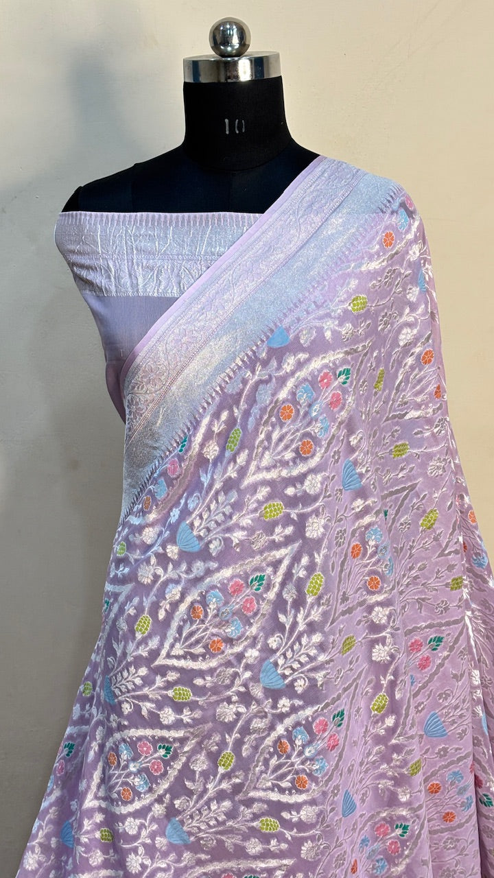 Lavender Banarasi Pure Chiffon Silk Saree