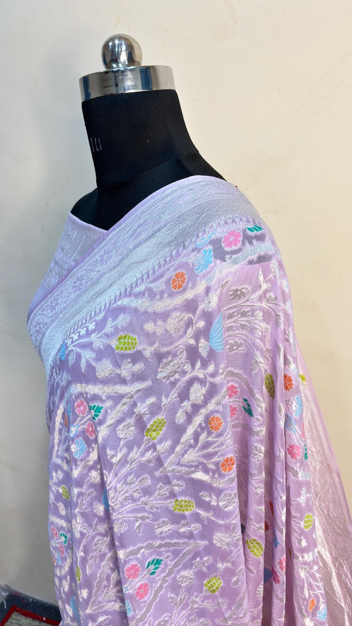Lavender Banarasi Pure Chiffon Silk Saree