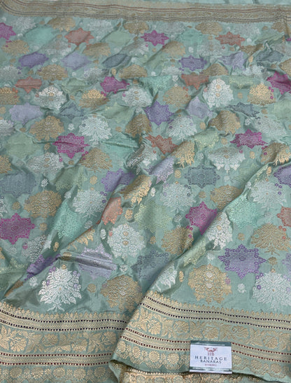 Sea Green Handwoven Pure Banarasi Rangkat Saree