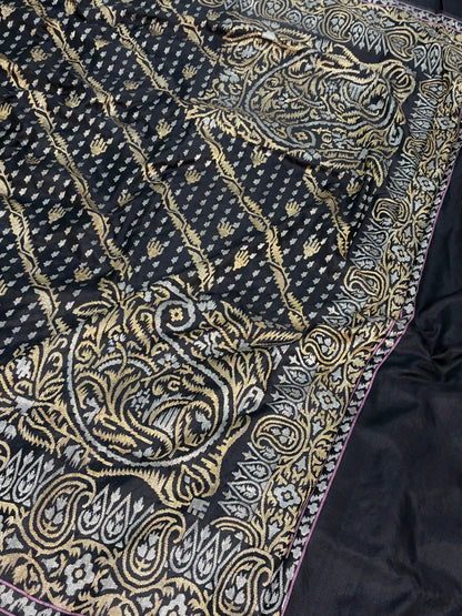 Black Handwoven Real Zari Banarasi Silk Jamdani Saree