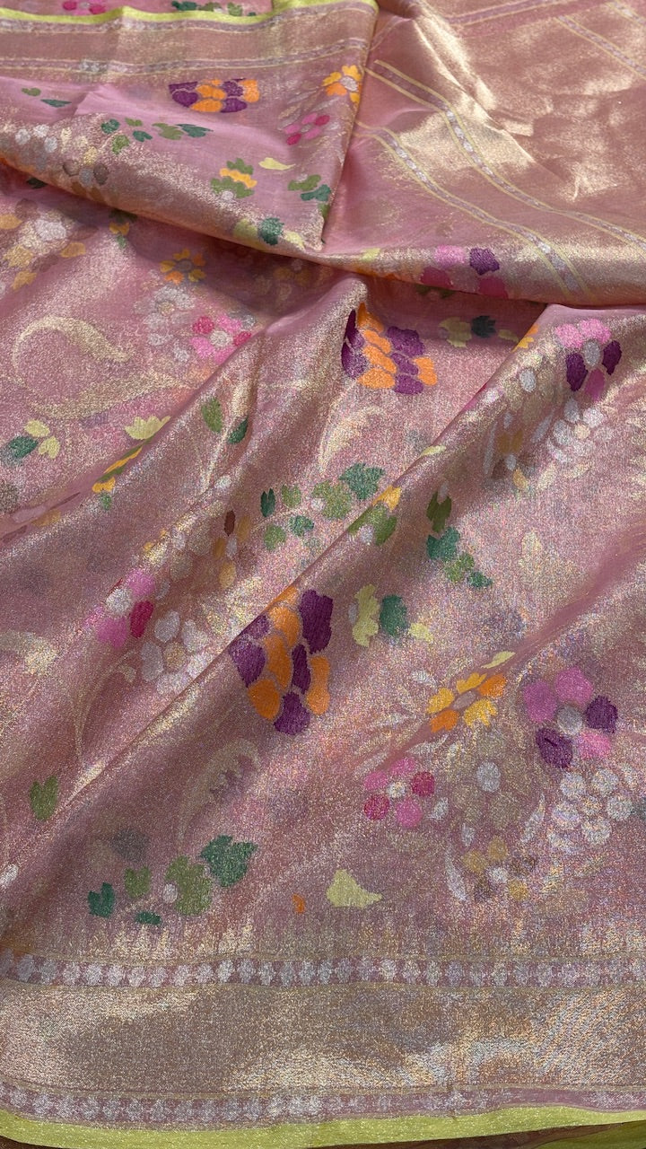 Shimmering Pink Pure Banarasi Tissue Handwoven Saree with Real Zari