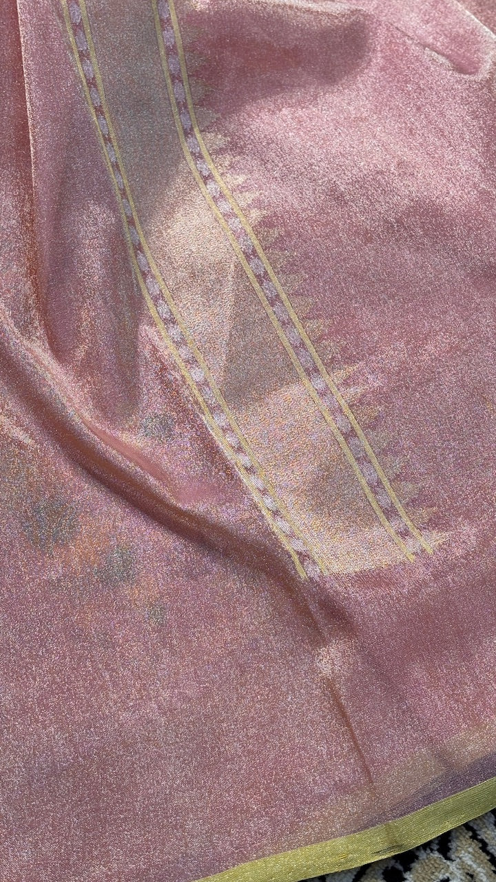 Shimmering Pink Pure Banarasi Tissue Handwoven Saree with Real Zari