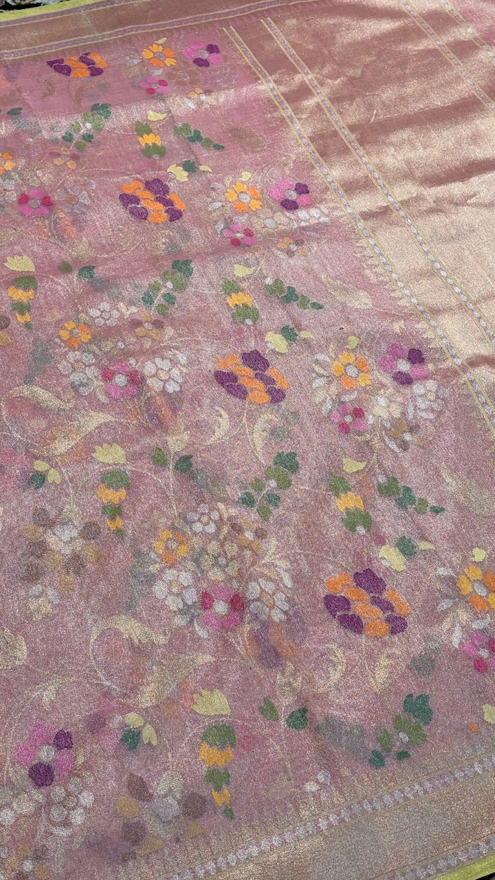 Shimmering Pink Pure Banarasi Tissue Handwoven Saree with Real Zari