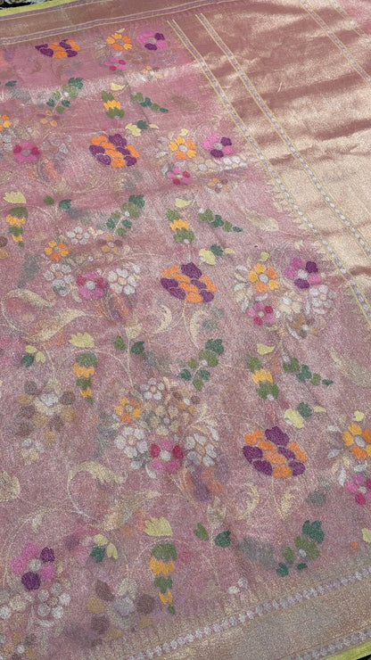 Shimmering Pink Pure Banarasi Tissue Handwoven Saree with Real Zari