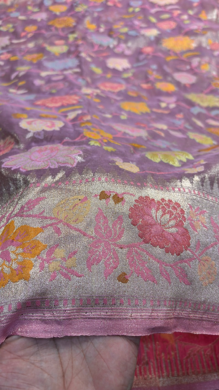 Metallic Lavender-Purple Banarasi Tissue Handwoven Saree with Real Zari