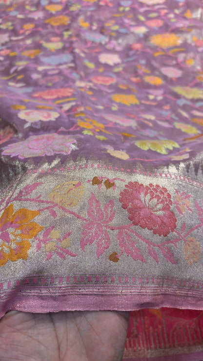 Metallic Lavender-Purple Banarasi Tissue Handwoven Saree with Real Zari