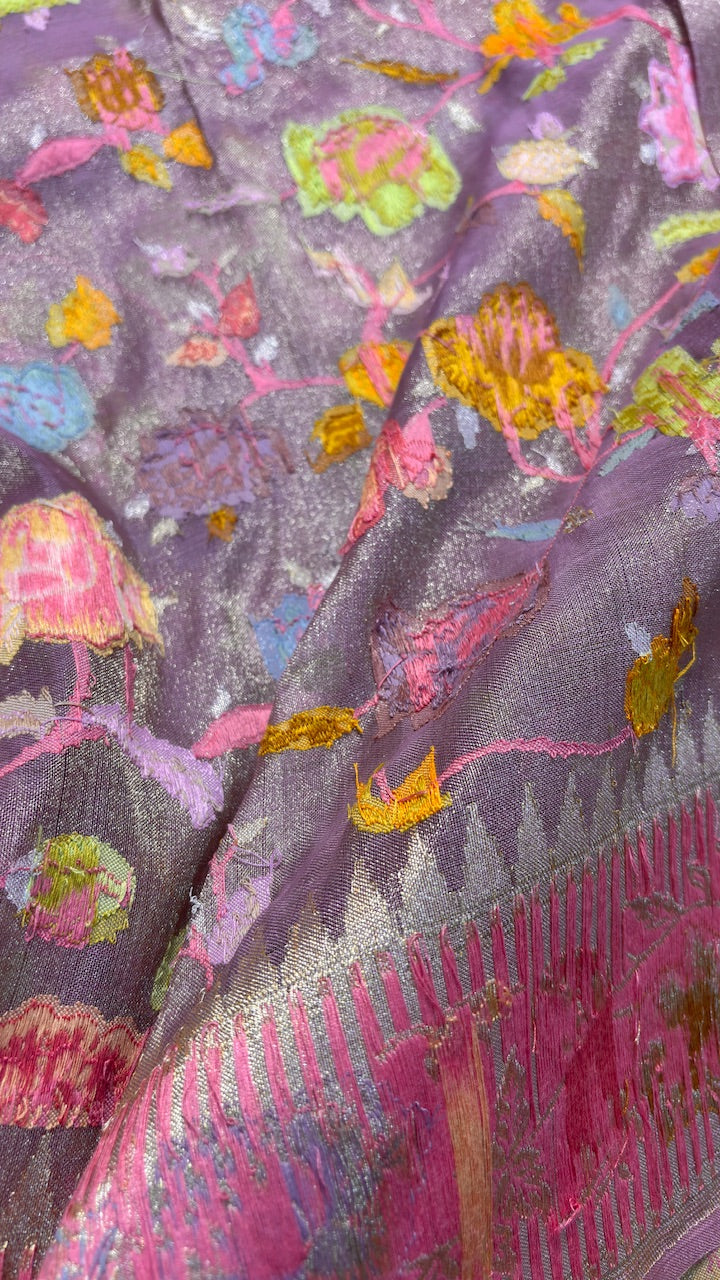 Metallic Lavender-Purple Banarasi Tissue Handwoven Saree with Real Zari