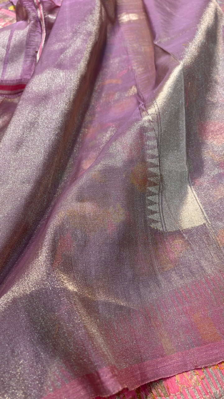 Metallic Lavender-Purple Banarasi Tissue Handwoven Saree with Real Zari