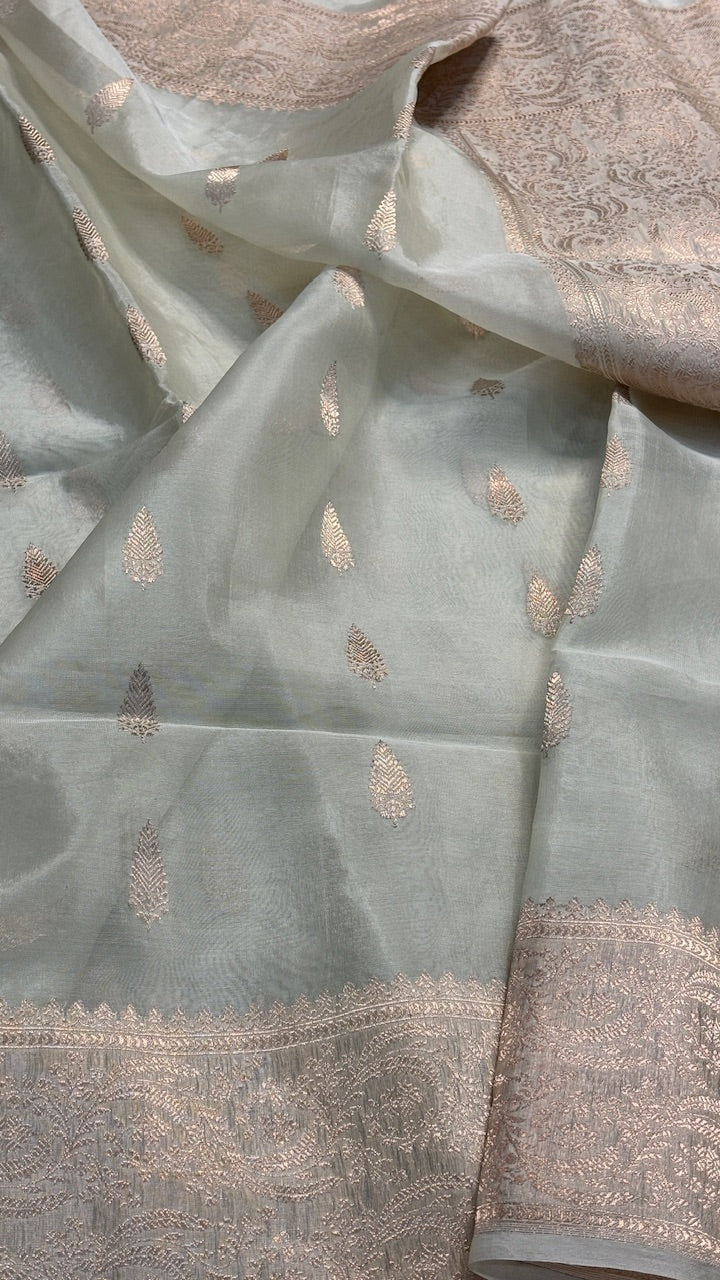 Mint GreenBanarasi Kora Silk  Handwoven  Saree
