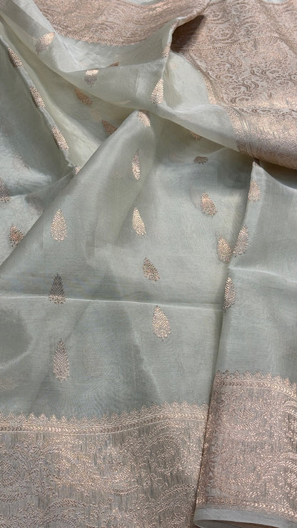 Mint GreenBanarasi Kora Silk  Handwoven  Saree