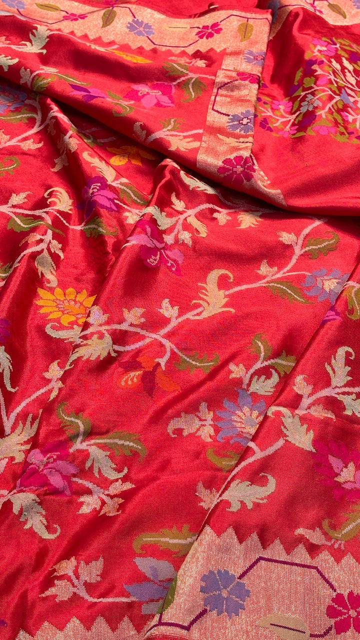 Rich Red Banarasi Katan Silk Handwoven Saree with Real Zari