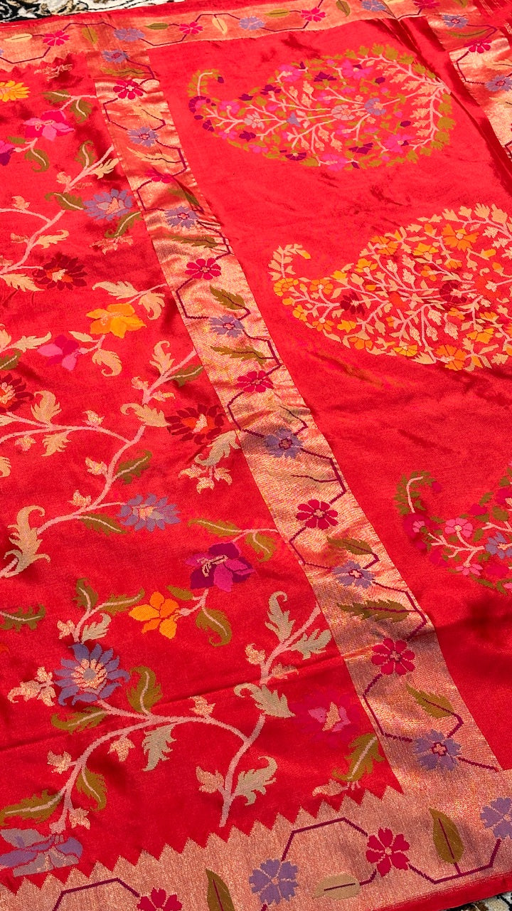 Rich Red Banarasi Katan Silk Handwoven Saree with Real Zari