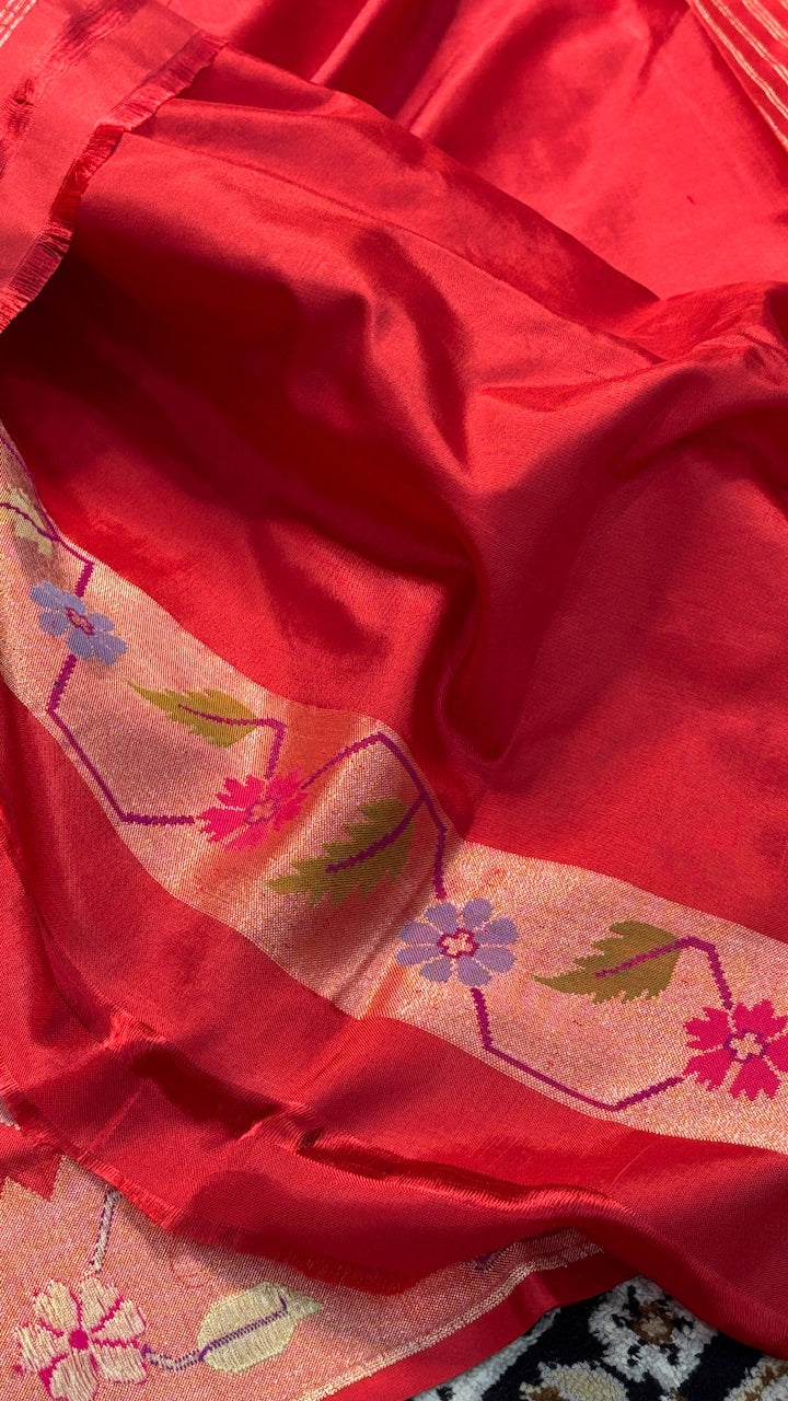 Rich Red Banarasi Katan Silk Handwoven Saree with Real Zari