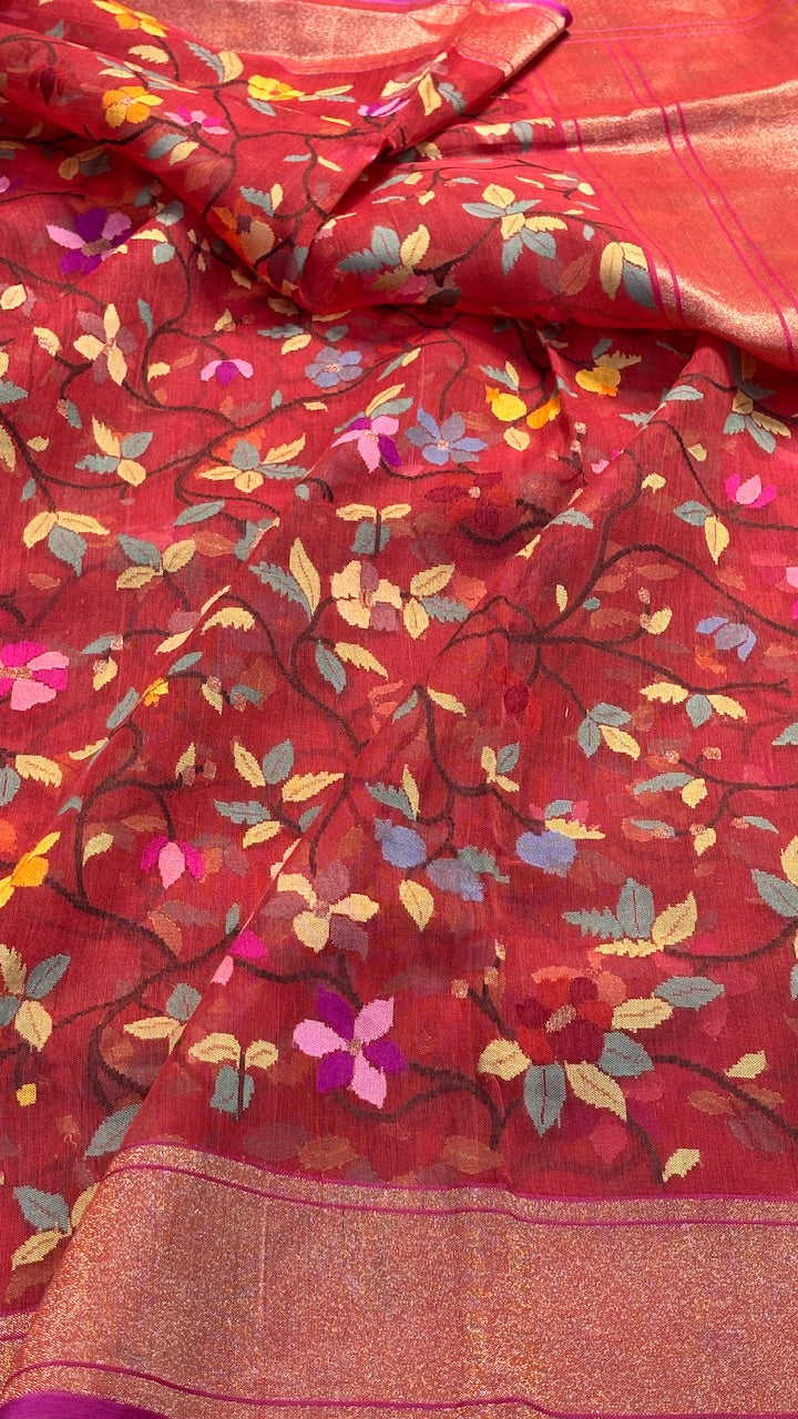 Rich Red Banarasi Kora Jamdani Silk Handwoven Saree with Real Zari