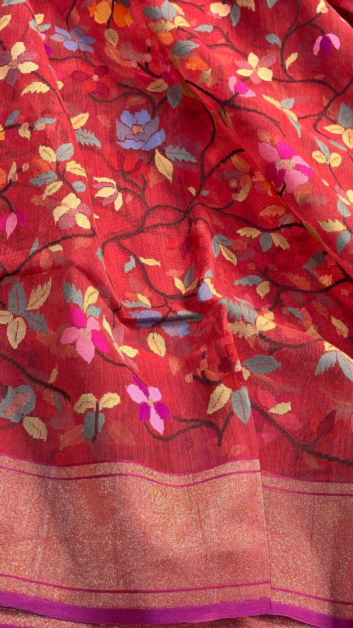 Rich Red Banarasi Kora Jamdani Silk Handwoven Saree with Real Zari