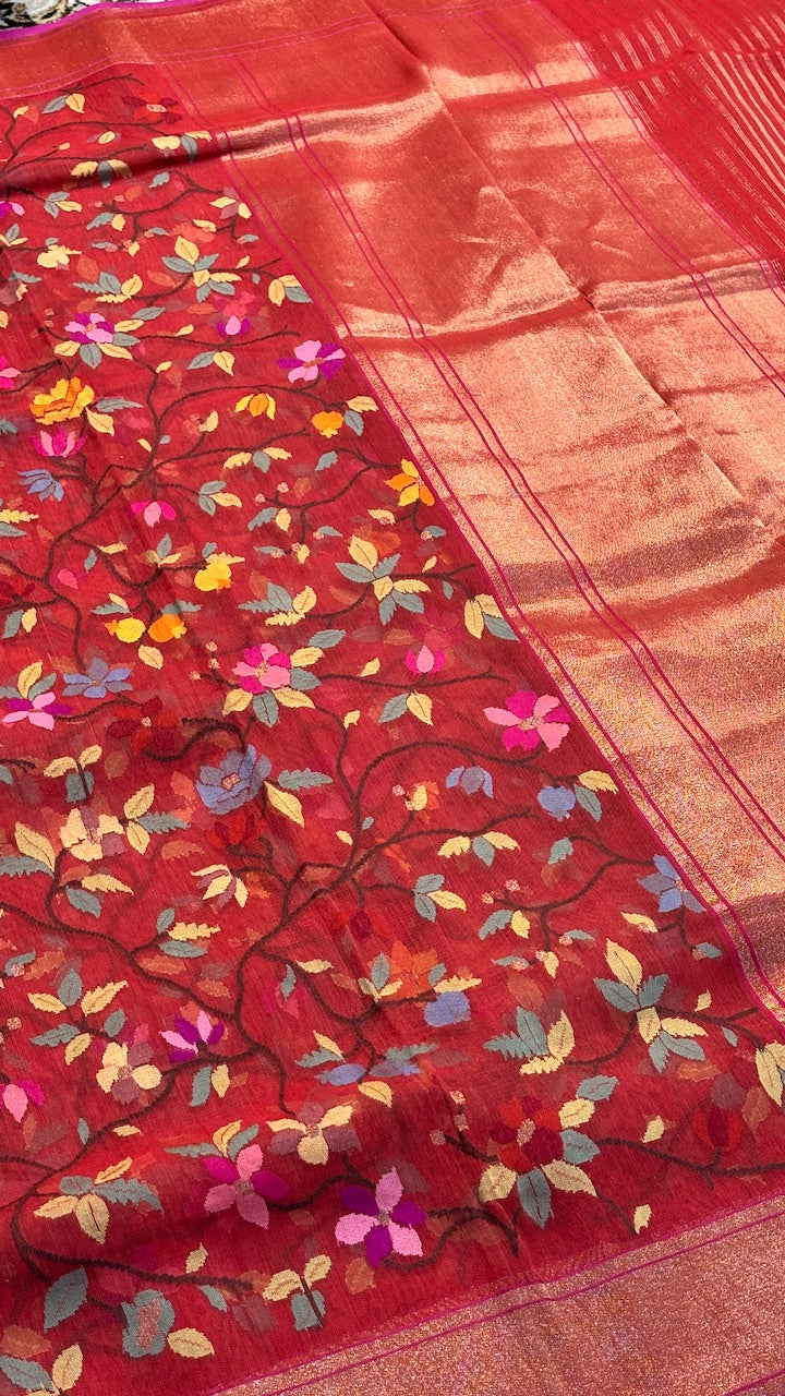 Rich Red Banarasi Kora Jamdani Silk Handwoven Saree with Real Zari