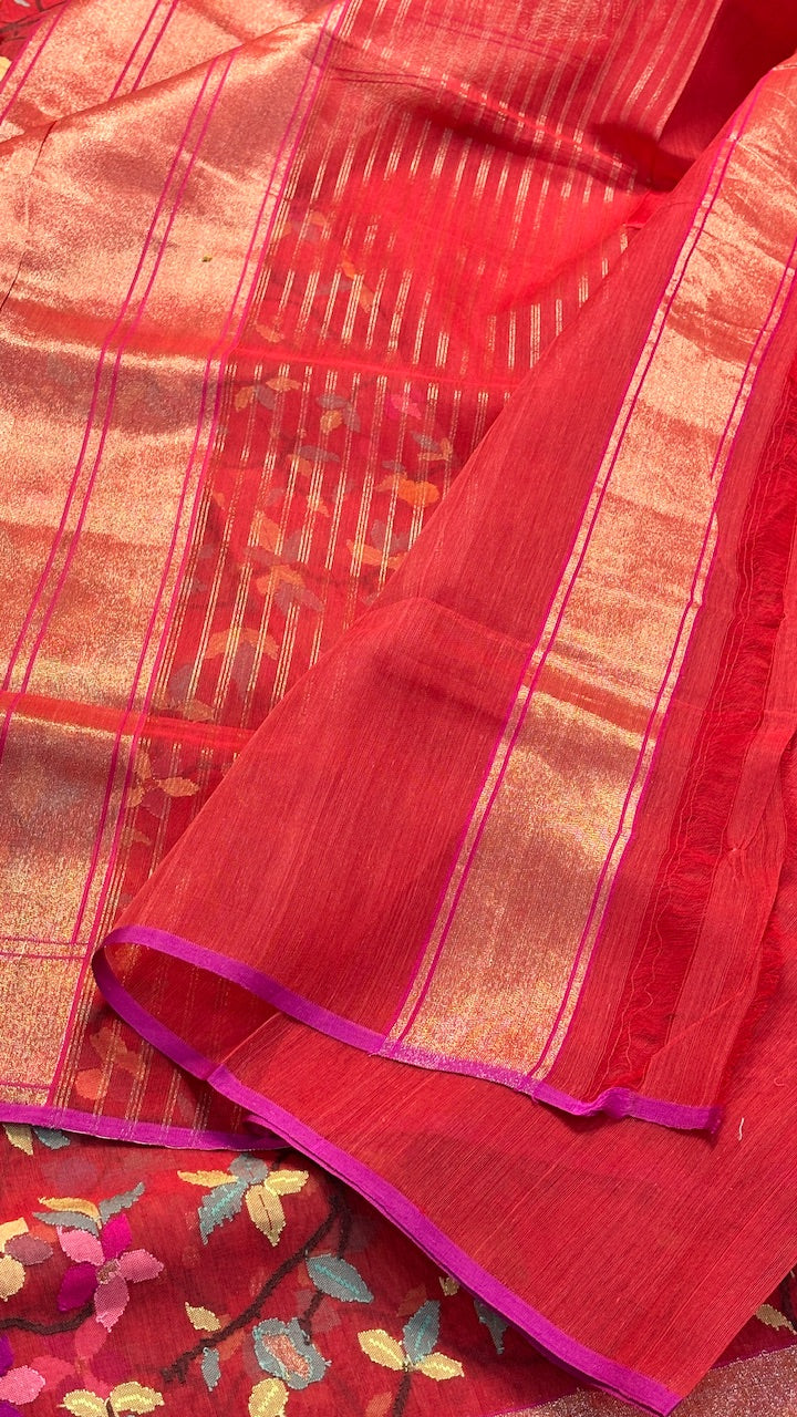 Rich Red Banarasi Kora Jamdani Silk Handwoven Saree with Real Zari