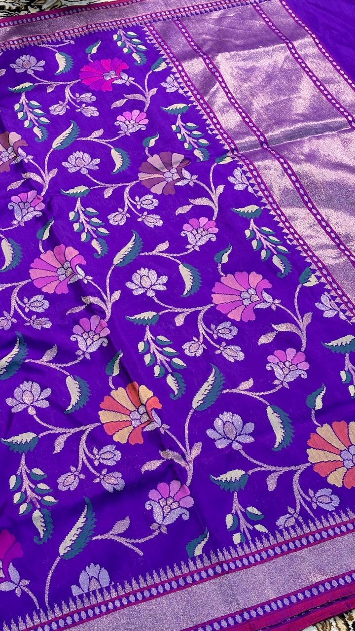 Purple Banarasi Ektara Silk Handwoven Saree with Real Zari