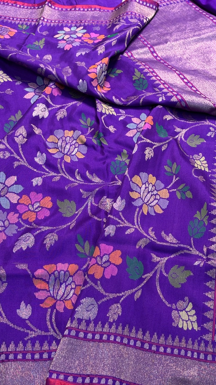 Purple Banarasi Ektara Silk Handwoven Saree with Real Zari