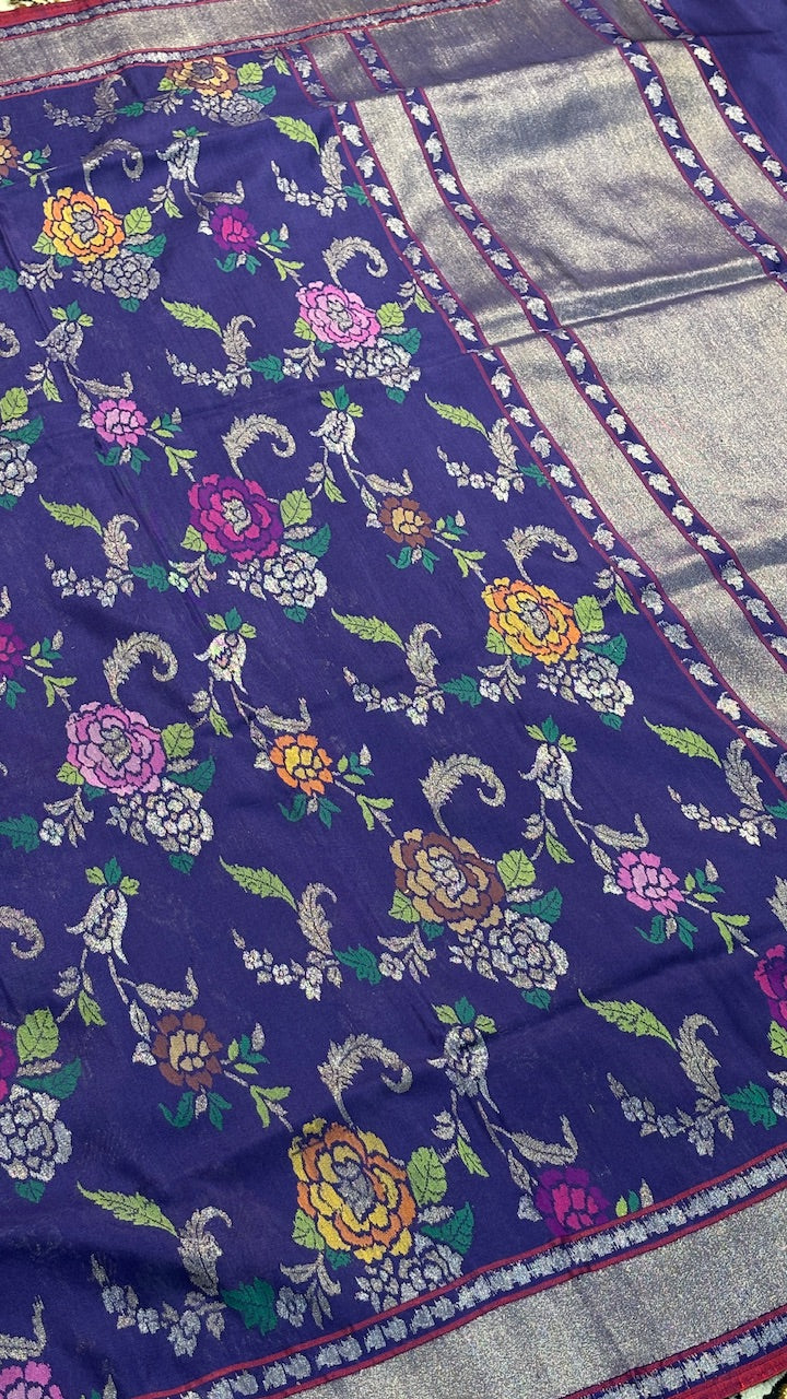 Navy blue Pure Banarasi Tissue Handwoven Saree with Real Zari