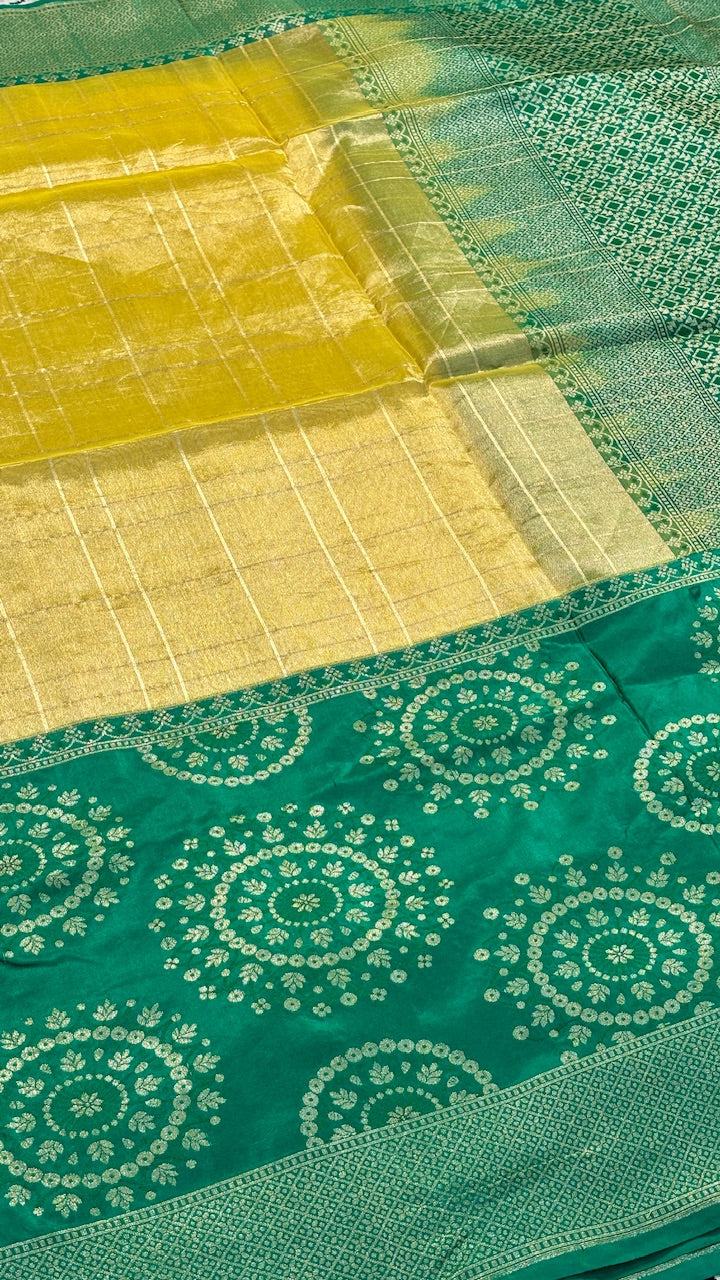 Yellow With Emerald green Border Tissue Banarasi Silk Handwoven Saree