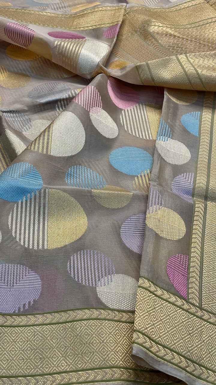 Light Grey Banarasi Kora Silk  Handwoven  Saree