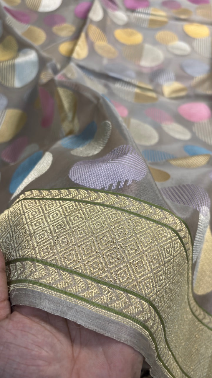Light Grey Banarasi Kora Silk  Handwoven  Saree