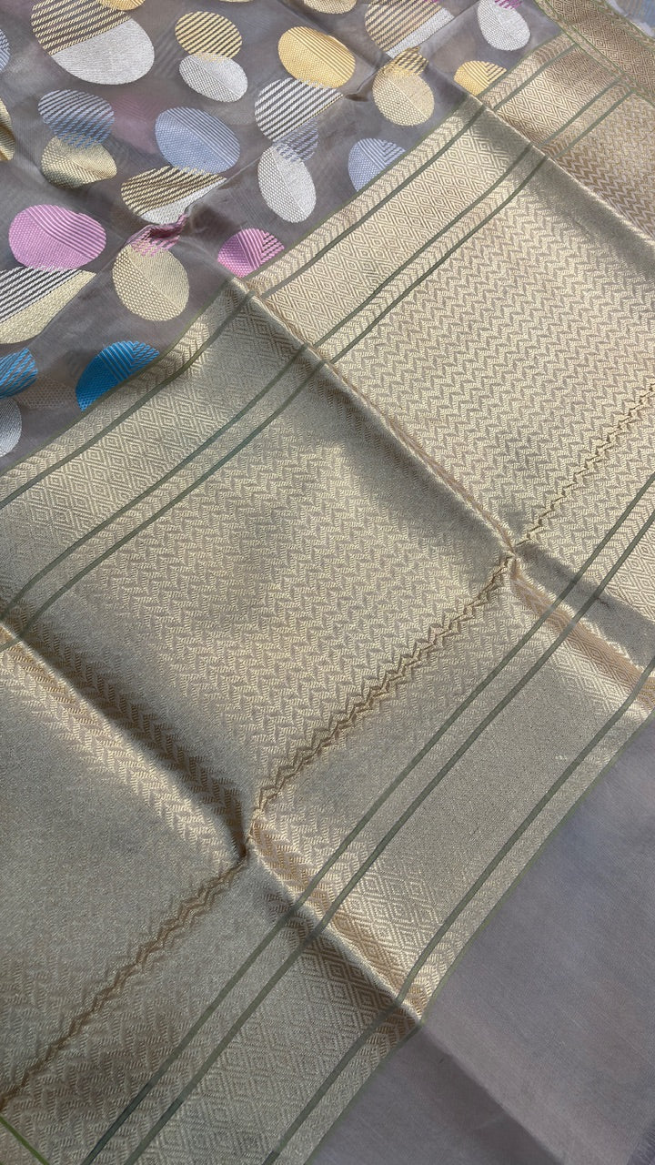 Light Grey Banarasi Kora Silk  Handwoven  Saree