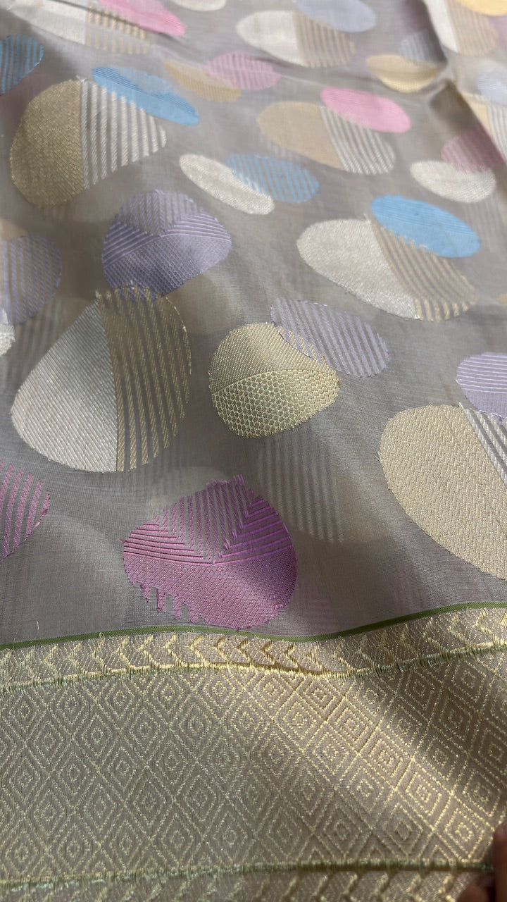 Light Grey Banarasi Kora Silk  Handwoven  Saree