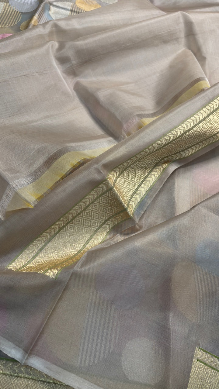 Light Grey Banarasi Kora Silk  Handwoven  Saree