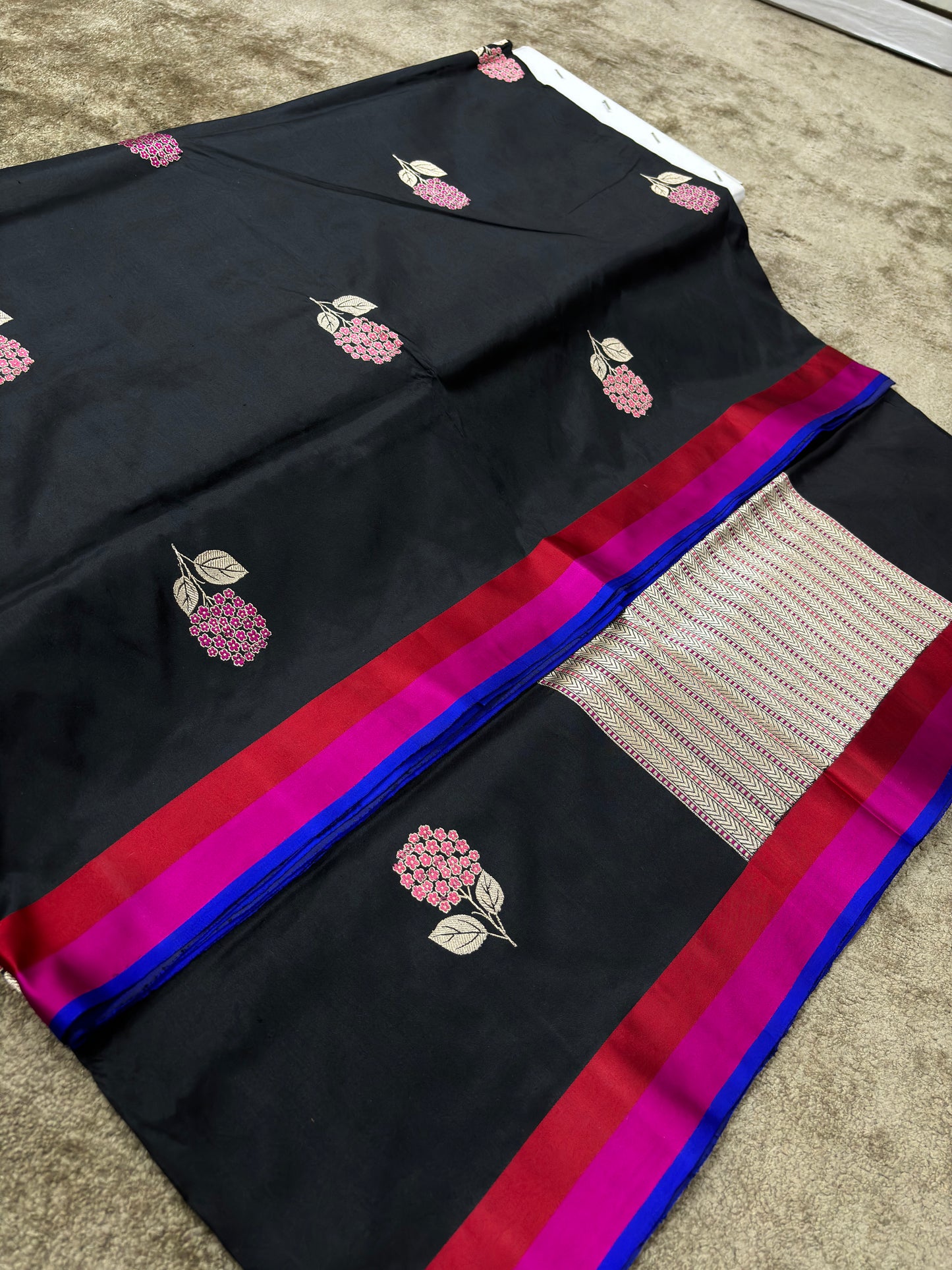 Pure Katan Silk Banarasi Saree with Kadhwa Buti and Satin Border