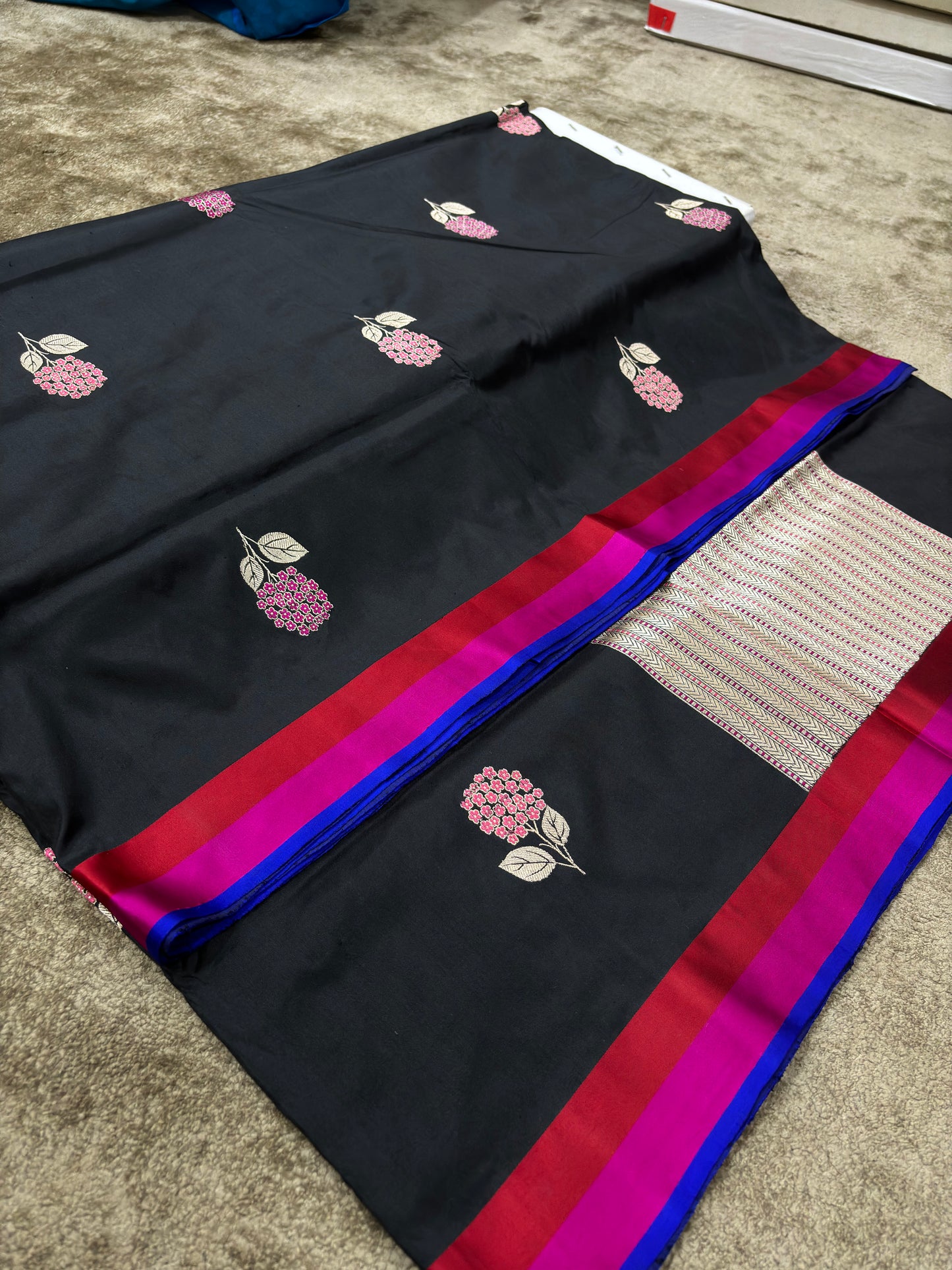 Pure Katan Silk Banarasi Saree with Kadhwa Buti and Satin Border