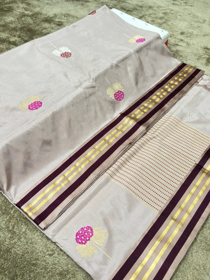  off white and silver grey border Fancy Pure Katan Silk Buta Saree with Designer Satin Borders