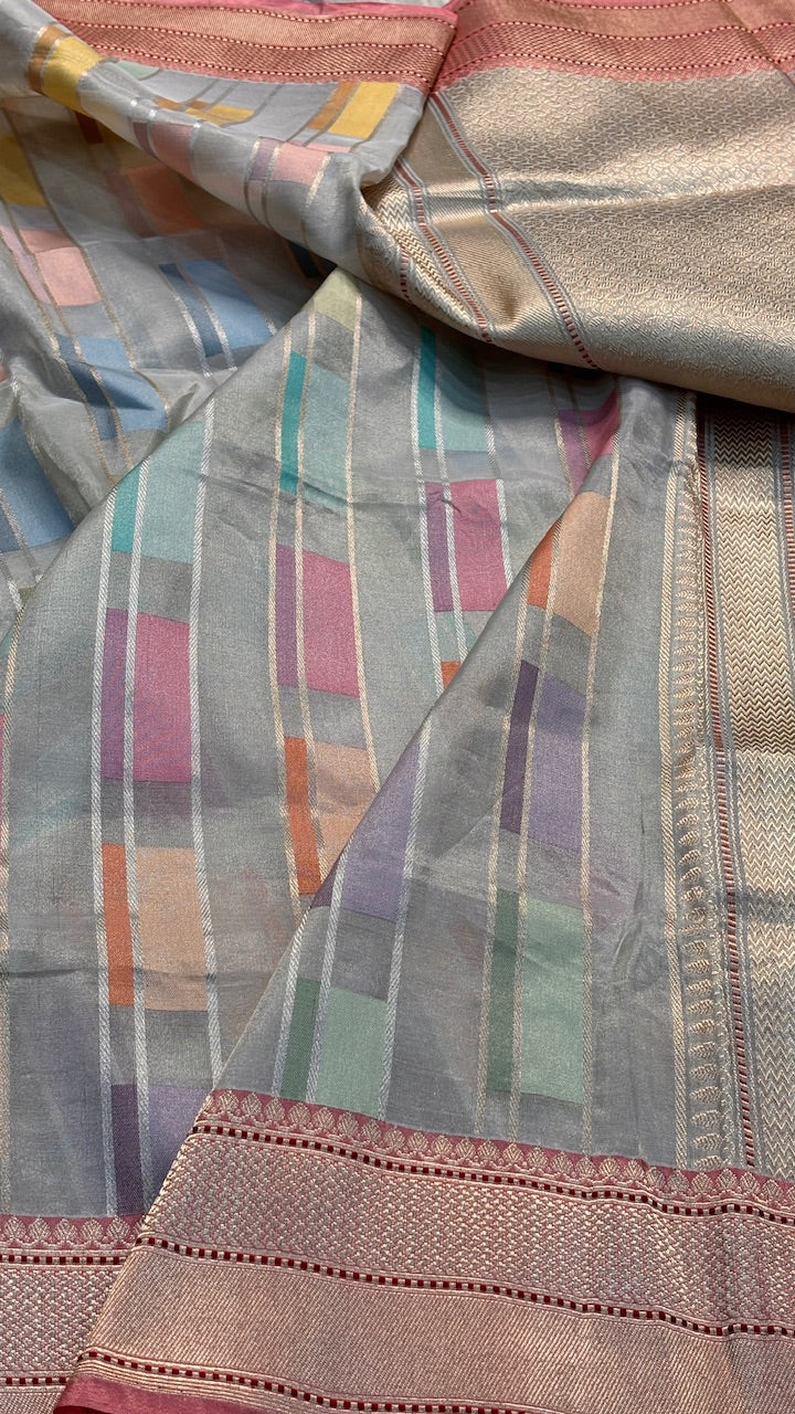 Silvery Grey Banarasi Kora Silk  Handwoven  Saree