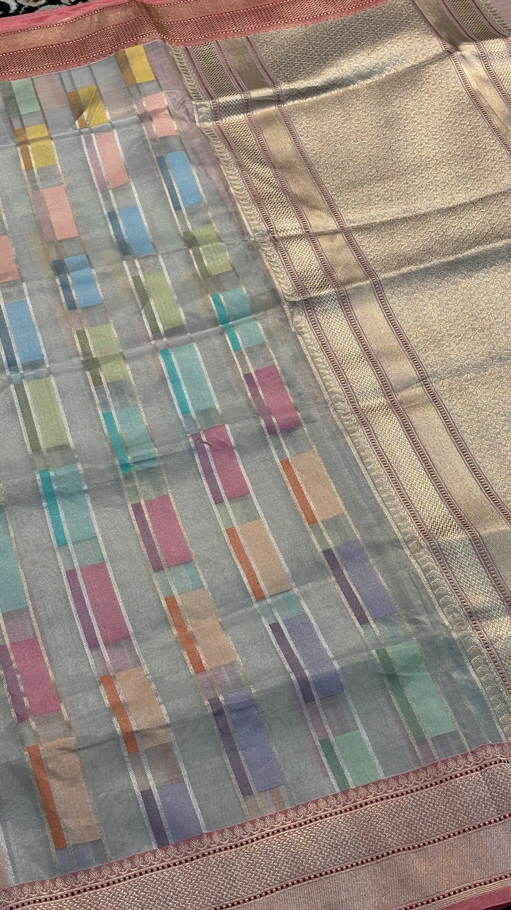 Silvery Grey Banarasi Kora Silk  Handwoven  Saree