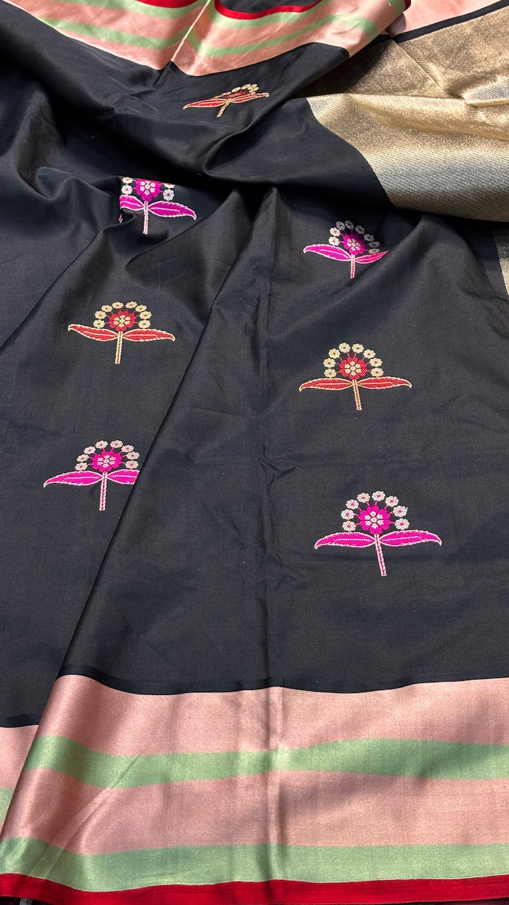 Black Banarasi Katan Silk With Satin Border Handwoven Saree