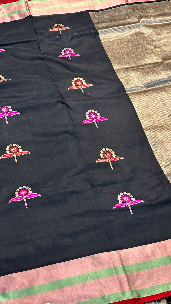 Black Banarasi Katan Silk With Satin Border Handwoven Saree