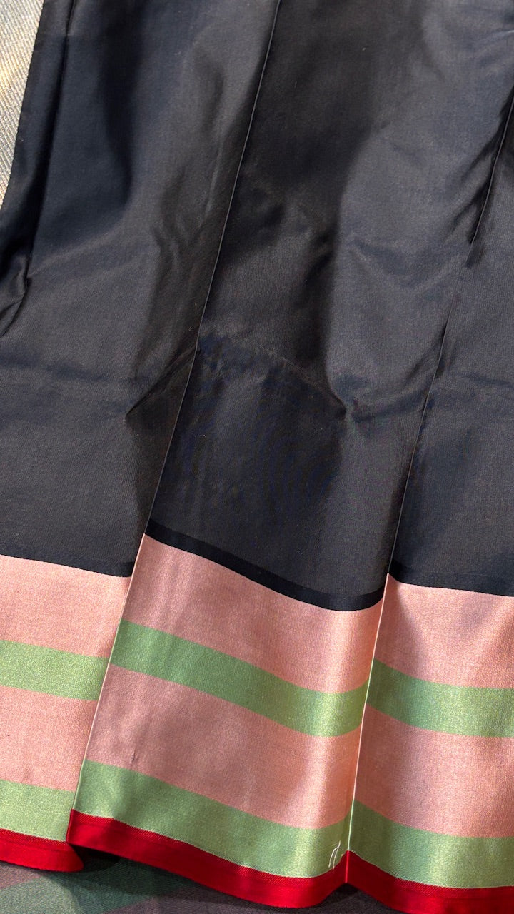 Black Banarasi Katan Silk With Satin Border Handwoven Saree