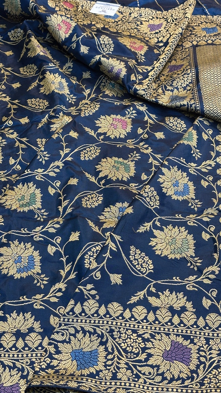 Navy Blue Banarasi Katan Silk Handwoven Saree