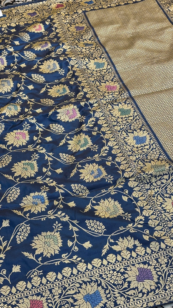 Navy Blue Banarasi Katan Silk Handwoven Saree