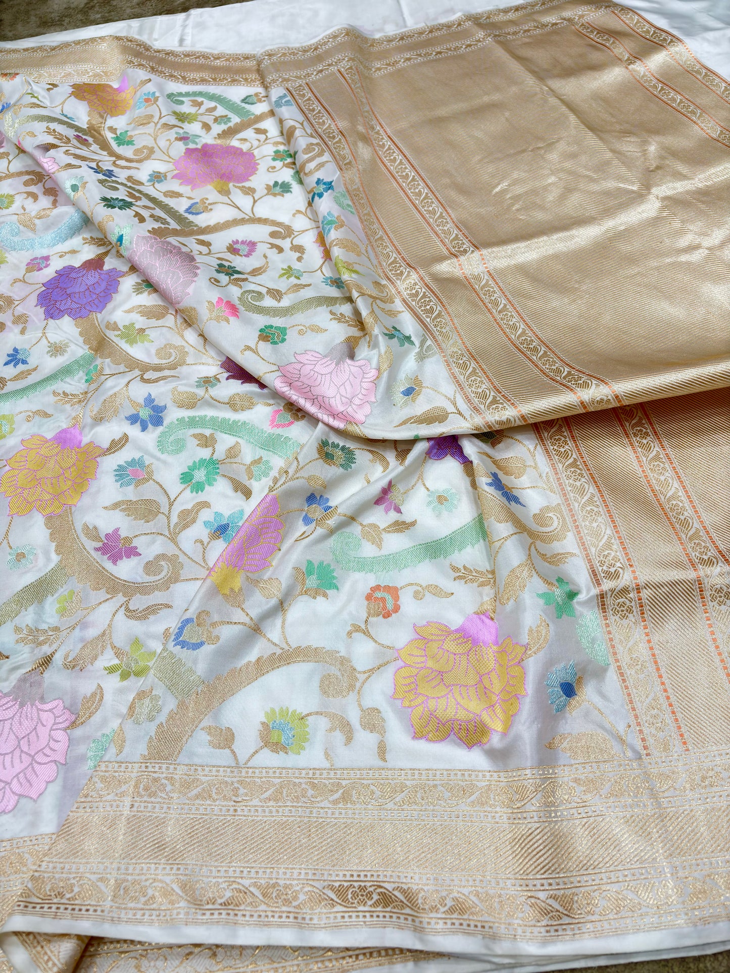 Handwoven Kadhwa Jaal Saree with High Silver Zari and Meenakari