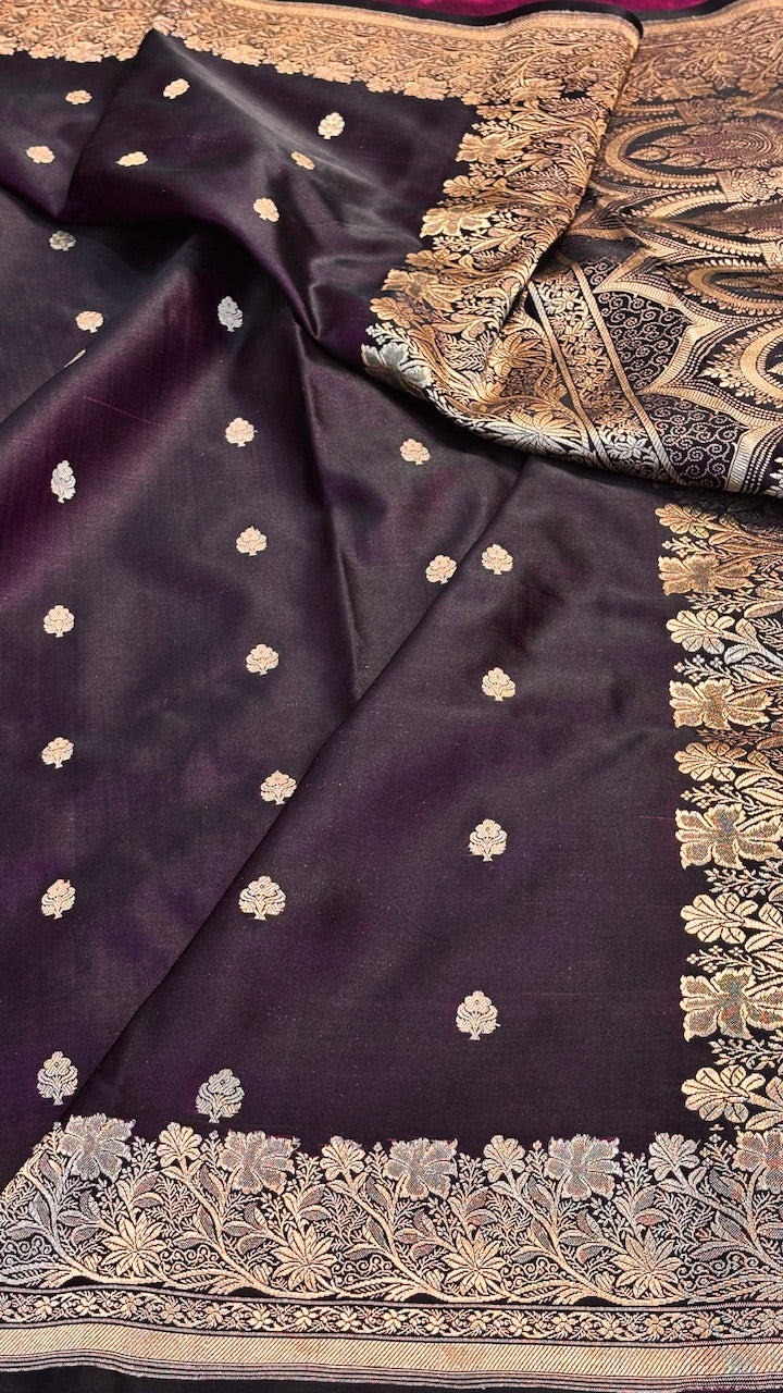 Wine Mashru Satin Silk Banarasi Handwoven Saree