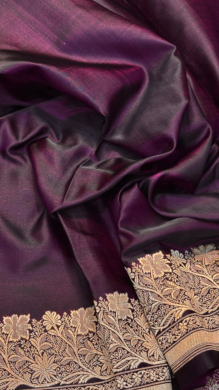 Wine Mashru Satin Silk Banarasi Handwoven Saree