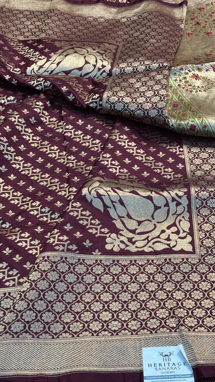 Wine Pure Banarasi Katan Silk Handwoven Saree