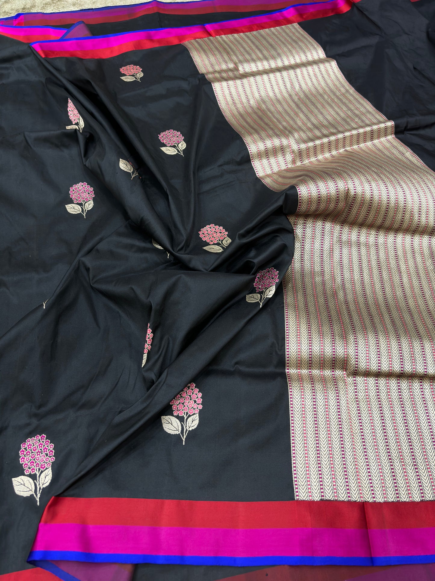 Pure Katan Silk Banarasi Saree with Kadhwa Buti and Satin Border